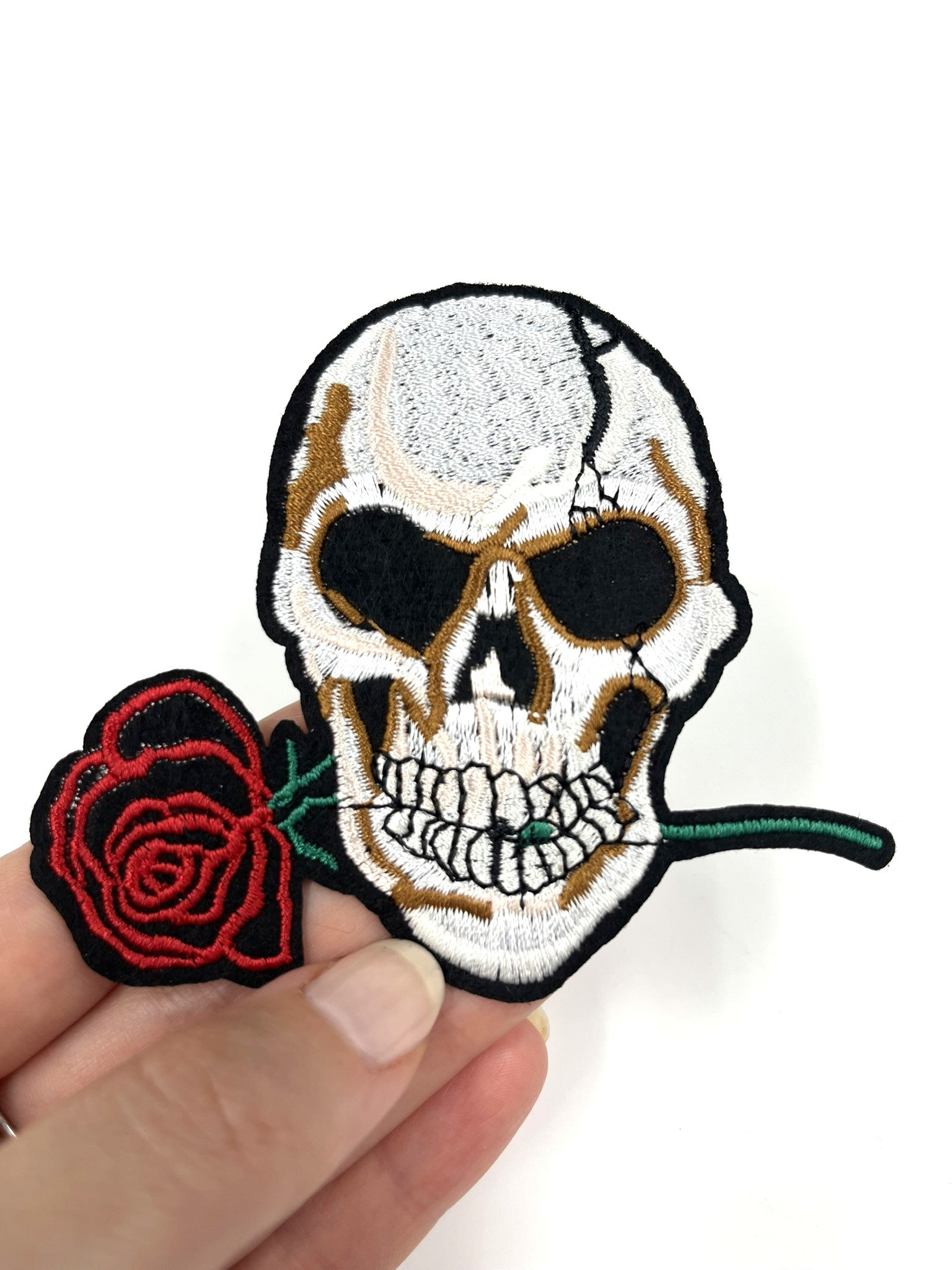 Skull with Red Rose Embroidery Patch