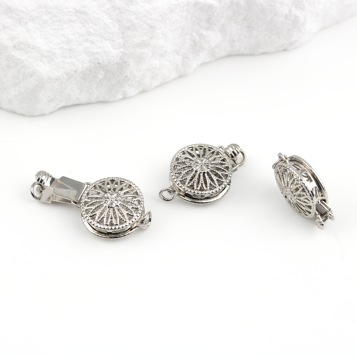 4 x Rhodium Plated Flower Box Clasps, 11mm