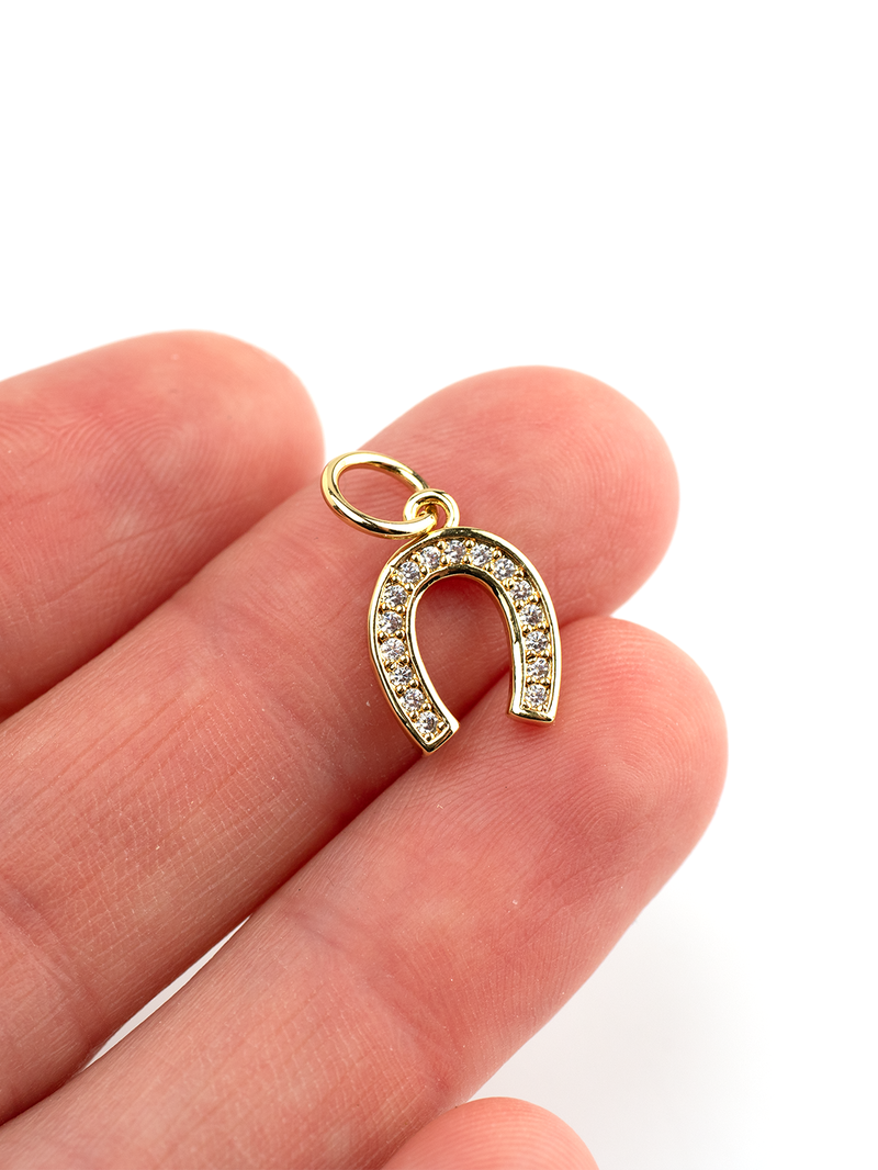 1 x 18K Gold Plated Micro Pave Cubic Zirconia Horse Shoe Charms, 15x11mm (4054)