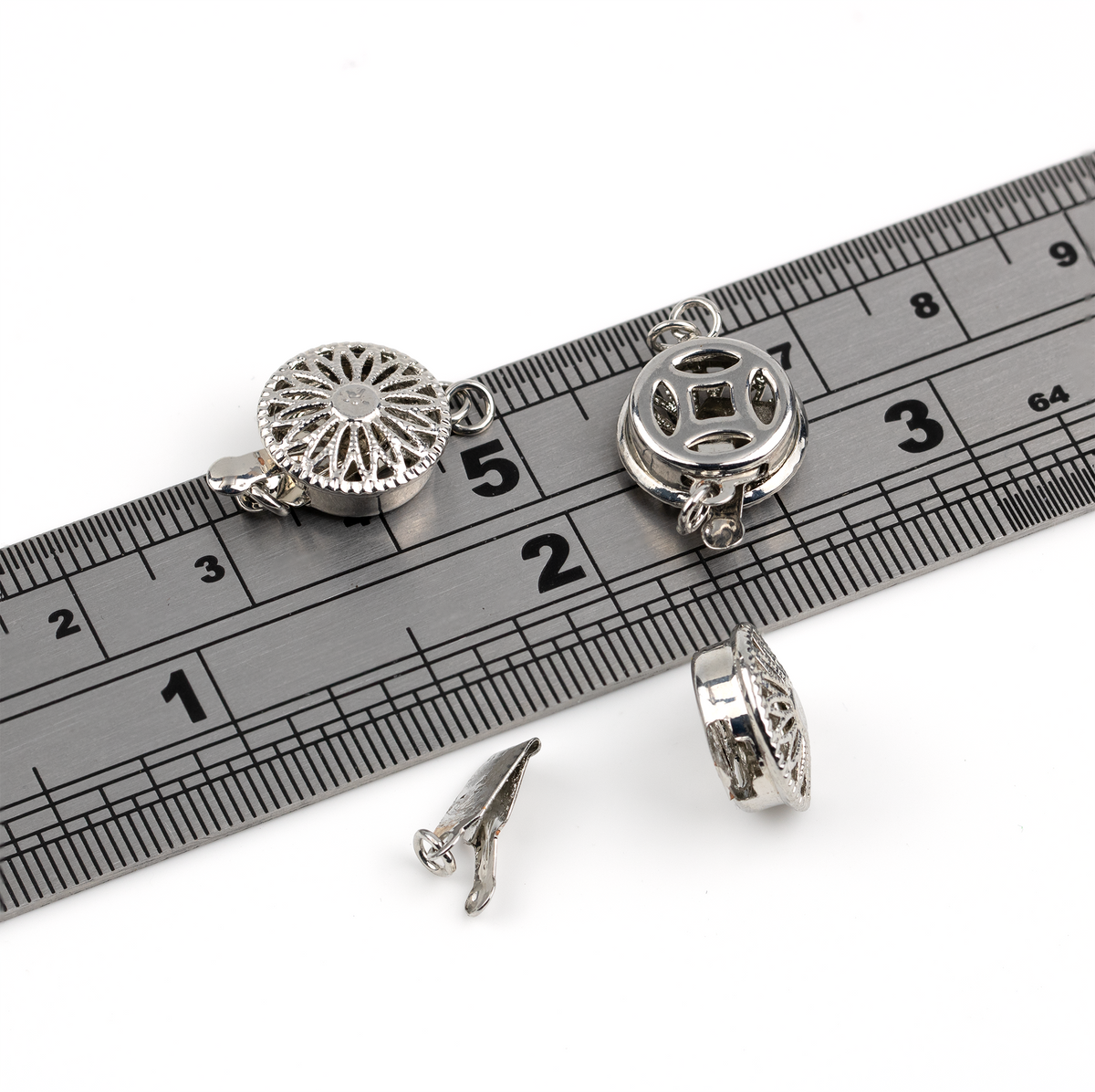 4 x Rhodium Plated Flower Box Clasps, 11mm
