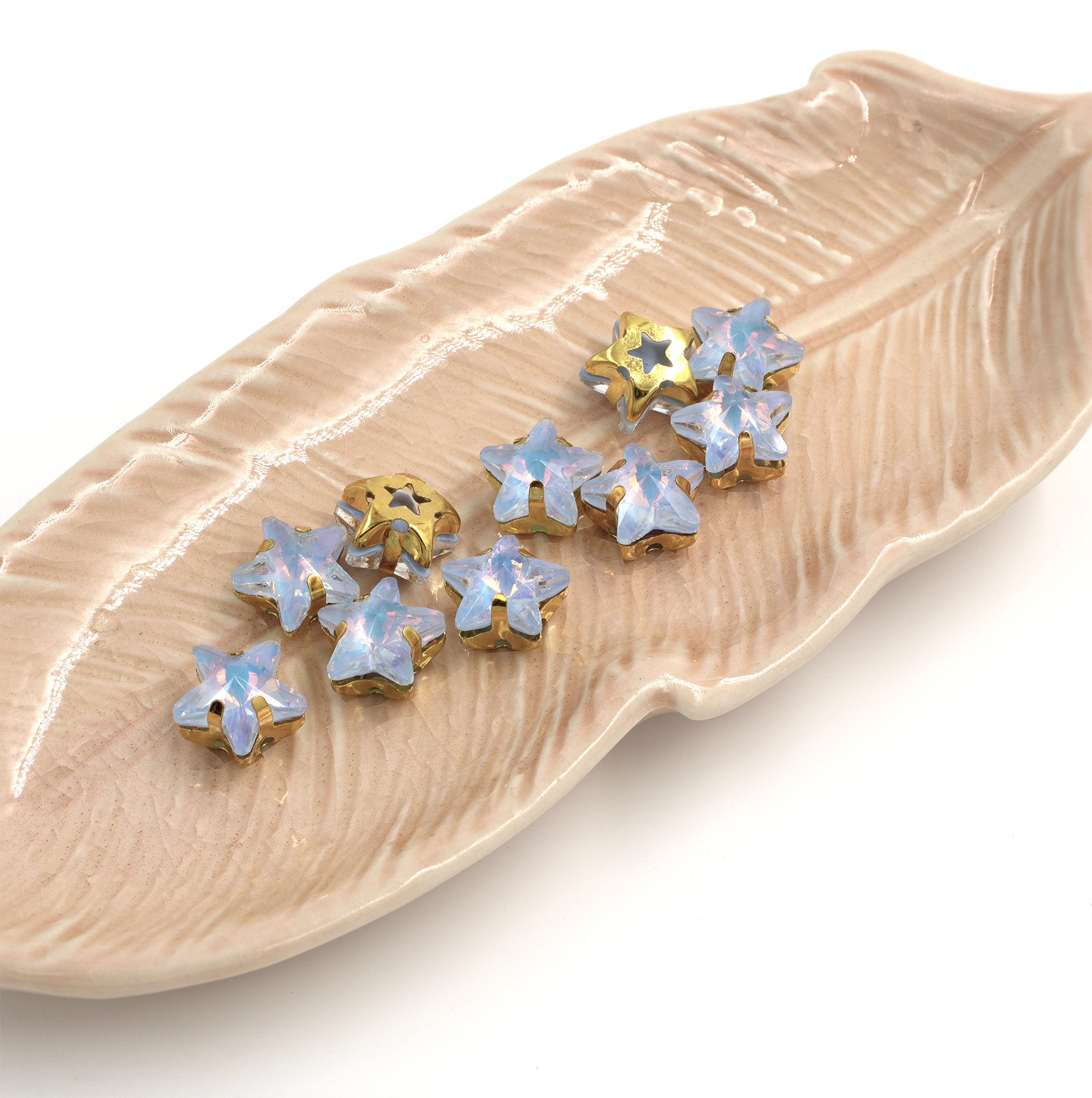 10 x Opalite Glass Star Rhinestone in Gold Sew-on Setting, 10mm