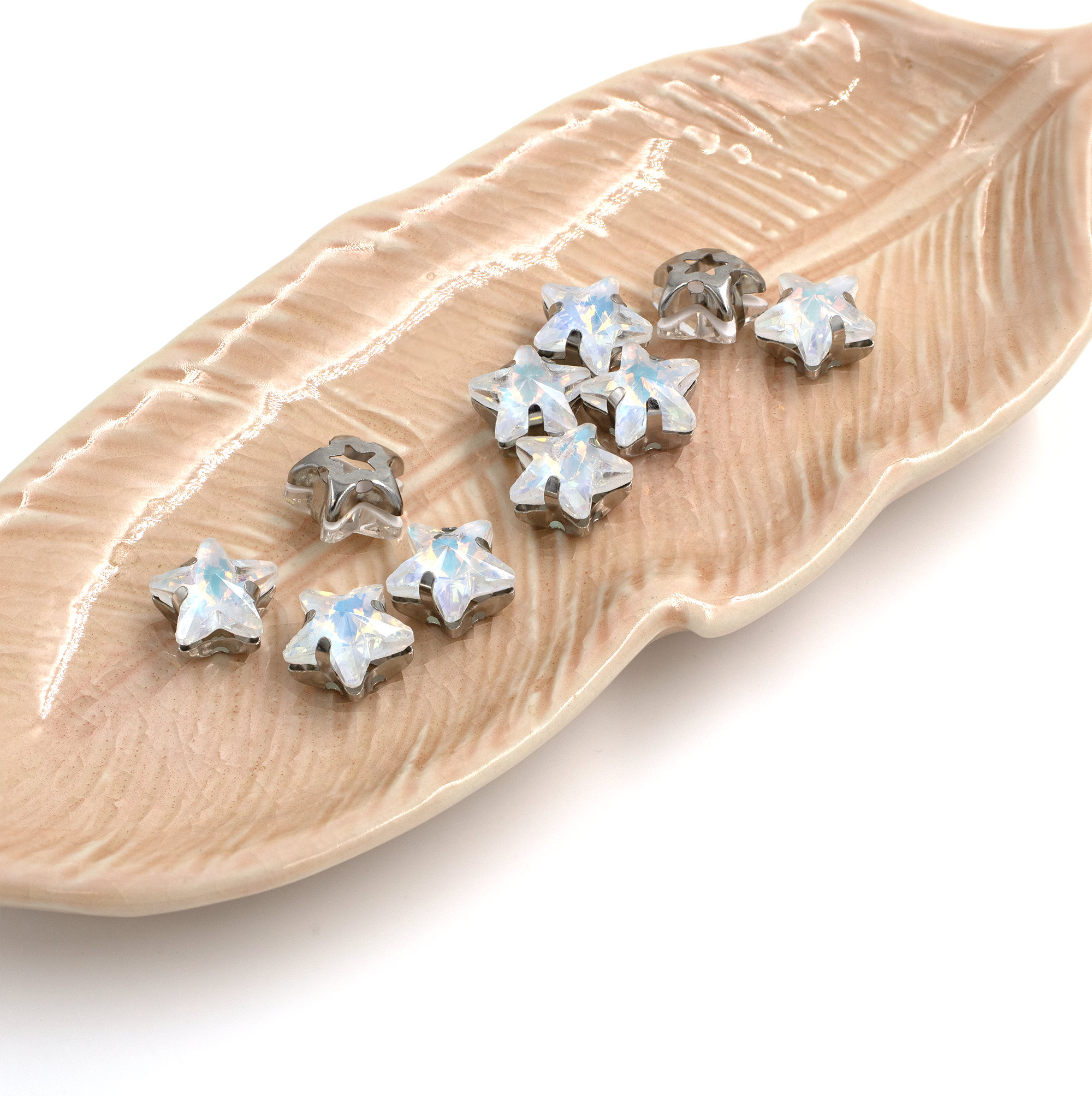 10 x Opalite Glass Star Rhinestone in Silver Sew-on Setting, 10mm