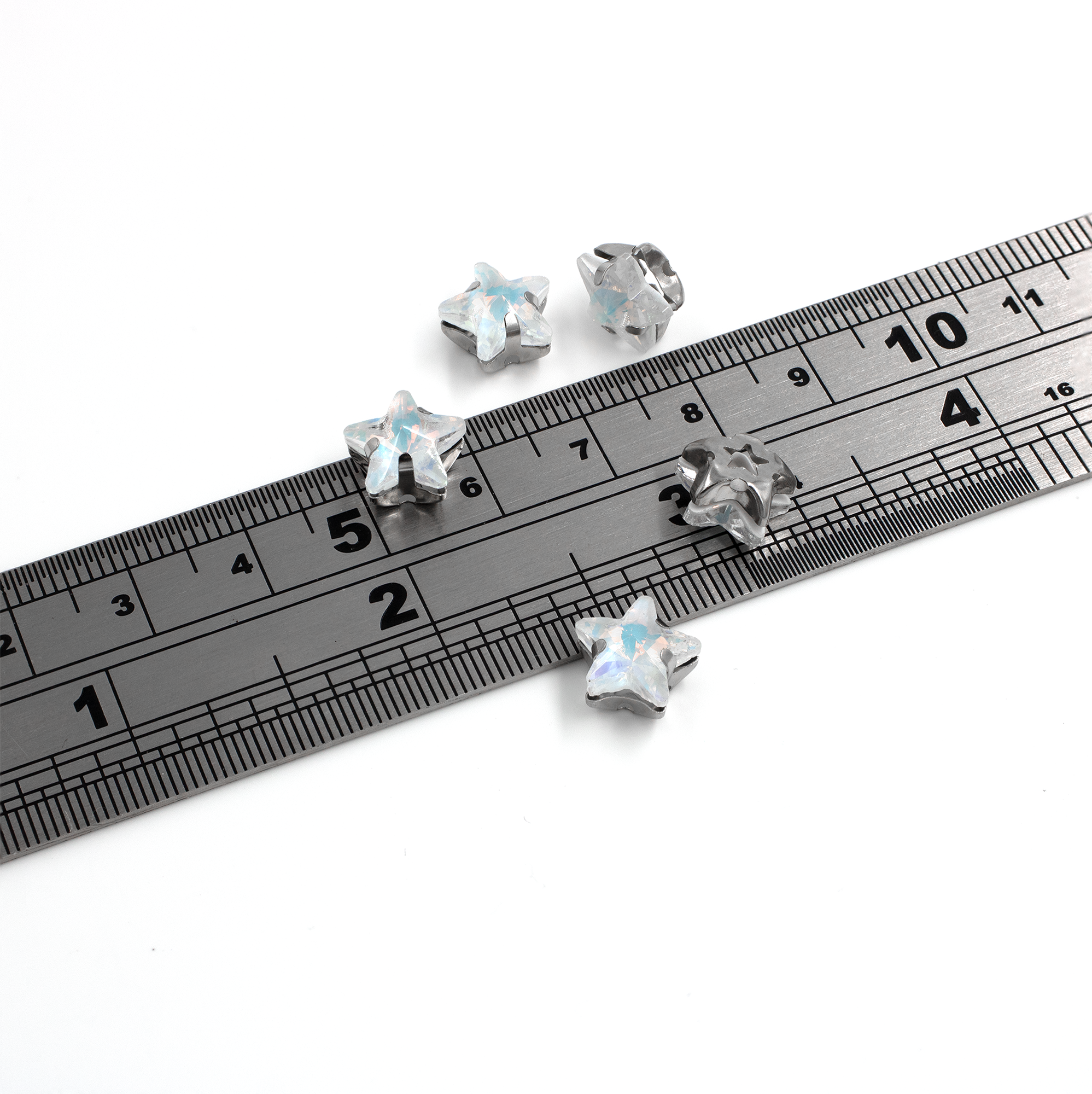 10 x Opalite Glass Star Rhinestone in Silver Sew-on Setting, 10mm