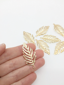 6 x Champagne Gold Tone Bendable Leaf Pendants, 40x18mm (1523)