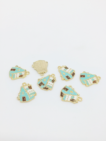 4 x Enamelled Christmas House Charms in Gold, 20x17mm (2912)