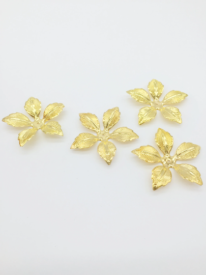 8 x Large Embossed Antique Gold Tone 5 Petal Flower Beads, 48mm
