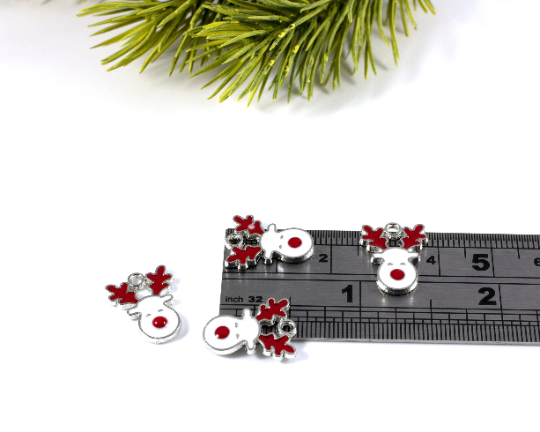 6 x Enamel Coated Silver Reindeer Charms, Christmas Rudolph Charms, 17x12mm (2898)