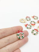4 x Enamel Coated Christmas Wreath Charms in Gold, 23x16mm (2904)