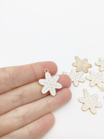 10 x White Enamel Coated Gold Snowflake Charms, 24x19mm (2906)