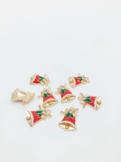 4 x Enamelled Christmas Bell Charms in Gold, 18x13mm (2914)