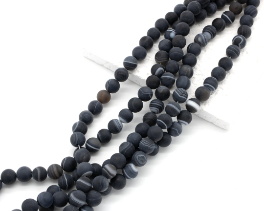 1 strand x 8mm Round Frosted Black Striped Agate Beads (3729)