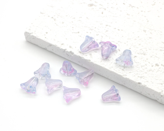 10 x Bell Shaped Pink and Blue Glass Flower Beads, 10x10mm