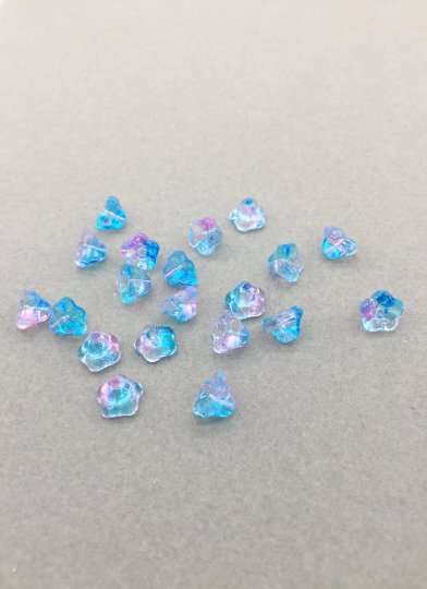 12 x Tiny Blue and Pink Yellow AB Glass Trumpet Flower Beads, 8.5x5.5mm