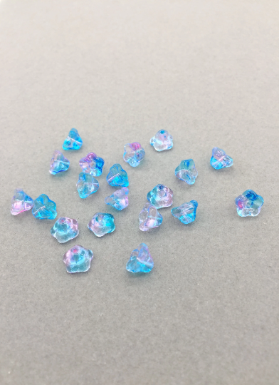 20 x Tiny Blue and Pink Yellow AB Glass Trumpet Flower Beads, 8.5x5.5mm (3746)