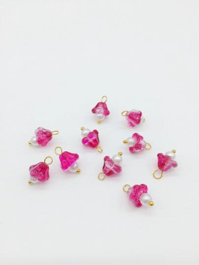 10 x Fuchsia Ombre Glass Trumpet Flower Charms with Pearl, 14x9mm (3751)