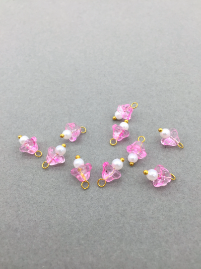 10 x Pink Glass Trumpet Flower Charms with Pearl, 14x9mm (3752)
