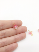 10 x Pink and Yellow Glass Trumpet Flower Charms with Pearl, 14x9mm (3753)