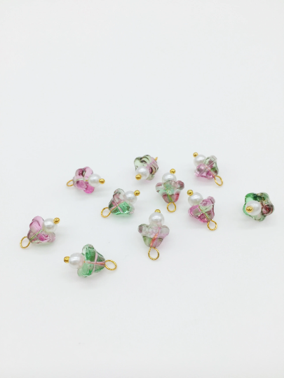 10 x Tourmaline Glass Trumpet Flower Charms with Pearl, 14x9mm (3754)