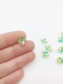 10 x Green and Yellow Glass Trumpet Flower Charms with Pearl, 14x9mm (3755)