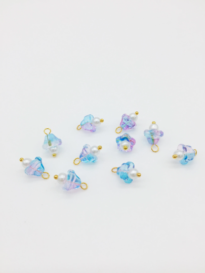 10 x Blue and Pink Glass Trumpet Flower Charms with Pearl, 14x9mm (3756)