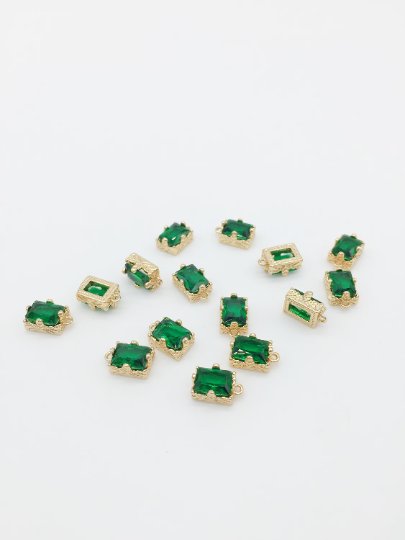 2 x Gold Plated Green Glass Rectangle Charms, 10x6mm (0393)
