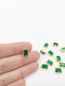 2 x Gold Plated Green Glass Rectangle Charms, 10x6mm (0393)