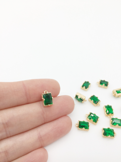 2 x Gold Plated Green Glass Rectangle Charms, 10x6mm (0393)
