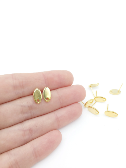 4 pairs x 24K Gold Plated Stainless Steel Oval Stud Earrings Findings, 6x11mm (0431)