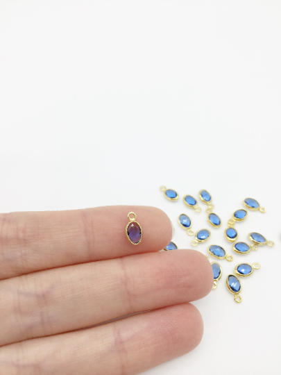2 x 18K Gold Plated Blue Glass Oval Charms, 9x5mm