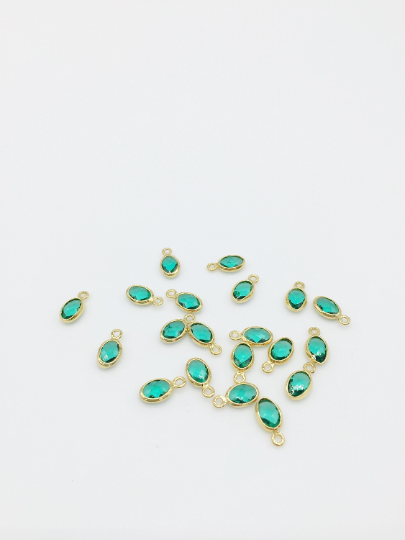 2 x 18K Gold Plated Tiny Green Glass Oval Charms, 9x5mm