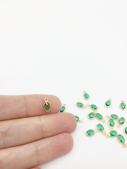 2 x 18K Gold Plated Tiny Green Glass Oval Charms, 9x5mm