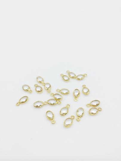2 x 18K Gold Plated Tiny Clear Glass Oval Charms, 9x5mm