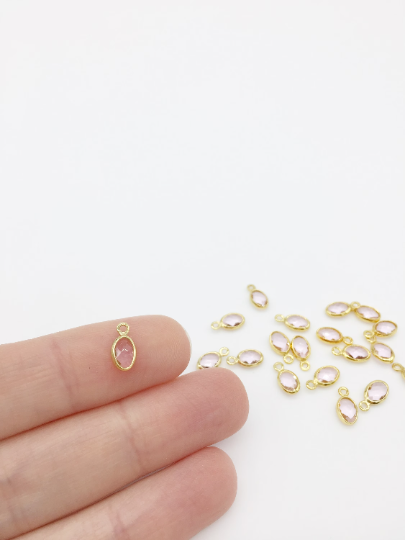 2 x 18K Gold Plated Tiny Light Pink Glass Oval Charms, 9x5mm