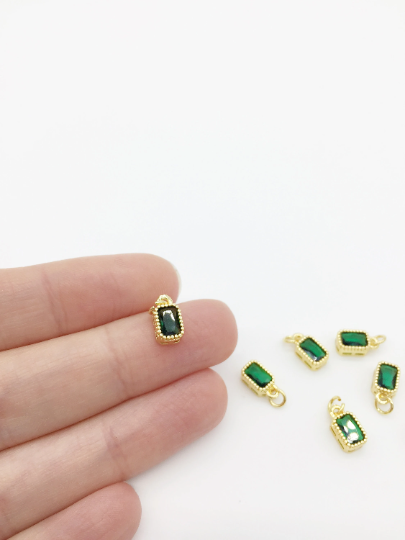 2 x 18K Gold Plated Green Cubic Zirconia Rectangle Charms, 9x5mm (0333)