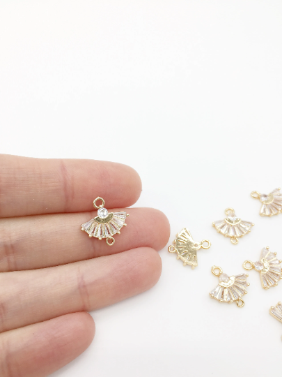 2 x 24K Gold Plated Cubic Zirconia Fan Shaped Jewellery Links, 15x15mm (0306)