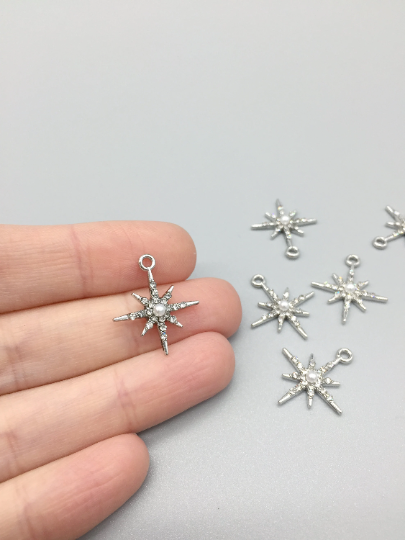 2 x Rhodium Plated Crystal and Pearl Star Charms, 21x18mm