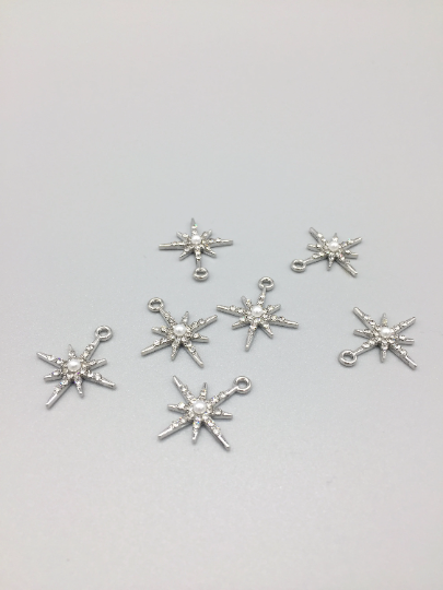 2 x Rhodium Plated Crystal and Pearl Star Charms, 21x18mm