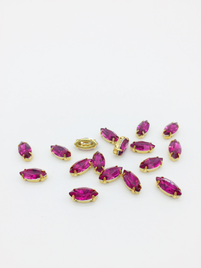 12 x 6x12mm Marquise Cut Fuchsia Opal Rhinestones in Gold Tone Sew-on Setting (3837)