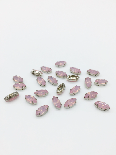 24 x 5x10mm Marquise Cut Pink Opal Rhinestones in Silver Tone Sew-on Setting (3855)
