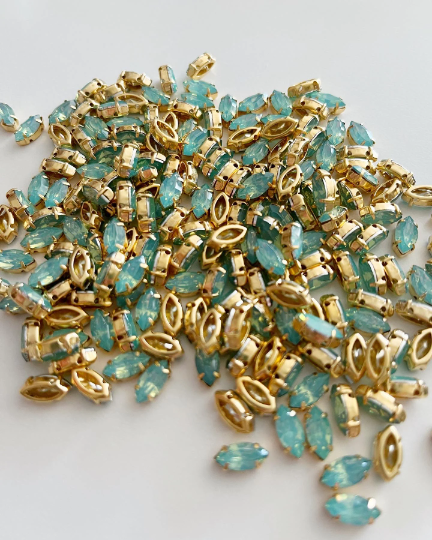 12 x 6x12mm Navette Pacific Opal Rhinestones in Gold Setting (3869)