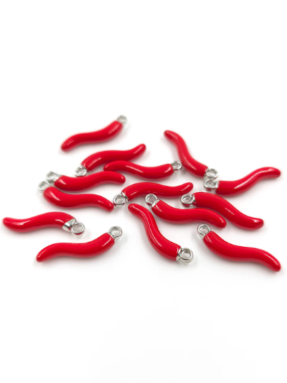 4 x Enamelled Red Chilli Pepper Charms with Silver Loops, 21x6mm