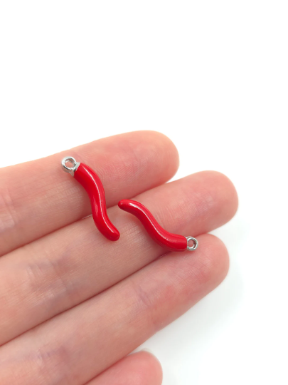 4 x Enamelled Red Chilli Pepper Charms with Silver Loops, 21x6mm