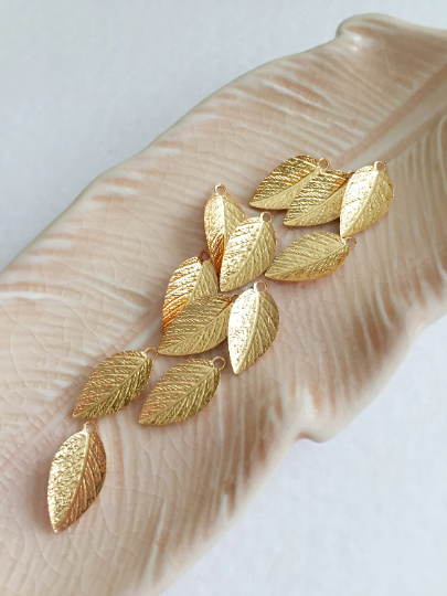 12 x Gold Plated Brass Leaf Charms, 15x8mm
