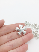 2 x Silver Crystal Flower Embellishments, 22mm (0937)