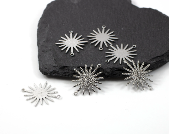 6 x Rhodium Plated Textured Brass Sun Jewellery Links, 27x22mm (0956)