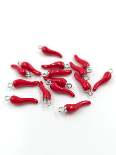 4 x Red Chilli Pepper Charms with Silver Loops, 18.5x5mm