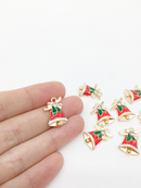 4 x Enamelled Christmas Bell Charms in Gold, 18x13mm (2914)