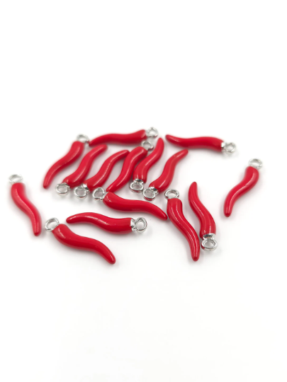 4 x Red Chilli Pepper Charms with Silver Loops, 18.5x5mm