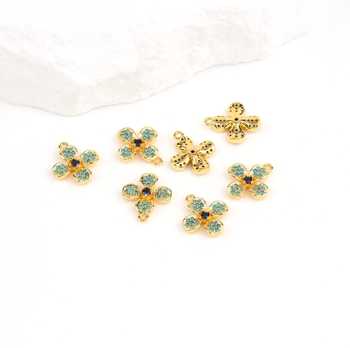 2 x Blue CZ Flower Charms, 18K Gold Plated, 15x13mm