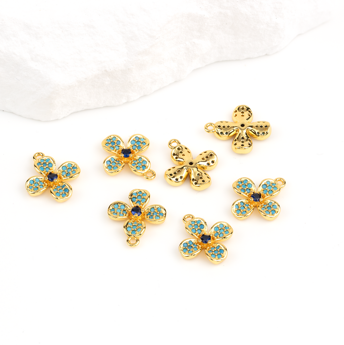 2 x Blue CZ Flower Charms, 18K Gold Plated, 15x13mm